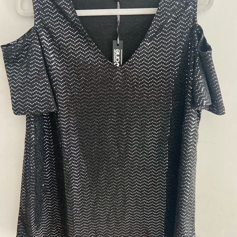 Warehouse Black and Silver Cold Shoulder Top